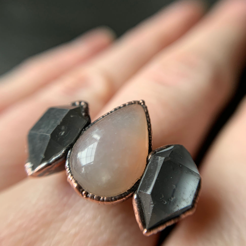 
            
                Load image into Gallery viewer, MOONSTONE + HERKIMER DIAMOND RING, SIZE 7.5
            
        