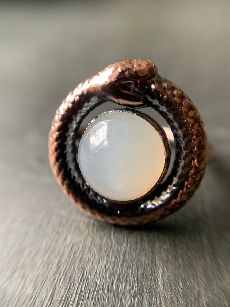 
            
                Load image into Gallery viewer, OUROBOROS MOONSTONE RING, VARIOUS SIZES
            
        